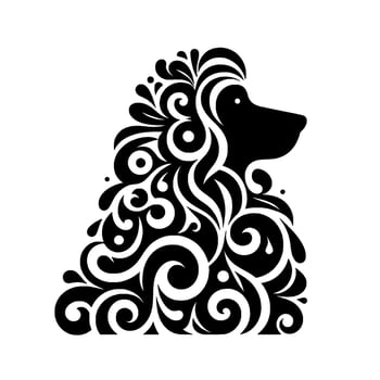 Elegant Poodle Silhouette Ornate Black White Swirls, Art vector