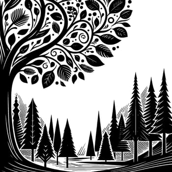 Black and White Forest Illustration with Tree and Pines vector