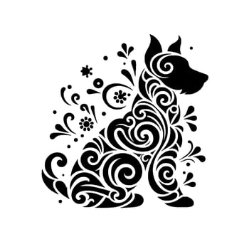 Ornamental Dog Silhouette Black and White Floral vector