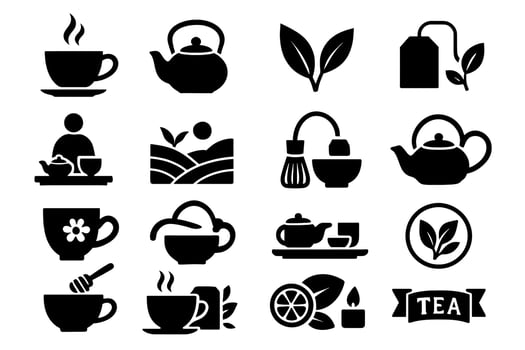 Tea Icons Collection Cup Leaves Bag Pot Herbal Organic Set vector