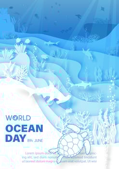 Poster campaign of world ocean day with scene of under the sea and ocean in layers paper cut style vector