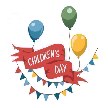 Joyful Childrens Day Illustration with Balloons Streamers Ribbon and Festive Banner in Bold Colors vector