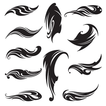 Elegant flourish swirls and smooth swooshes in a black silhouette bundle vector