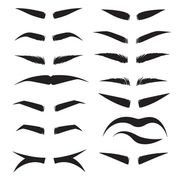 Black eyebrow and eyelash collection featuring makeup icons in silhouette vector