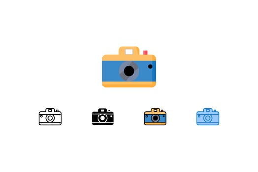 This icon set showcases a camera in various styles, perfect for representing photography, videography, or memories. Available in colorful, line art, or solid styles. vector