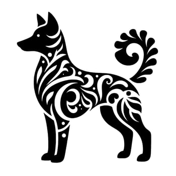 Elegant black and white dog silhouette with swirl ornaments vector