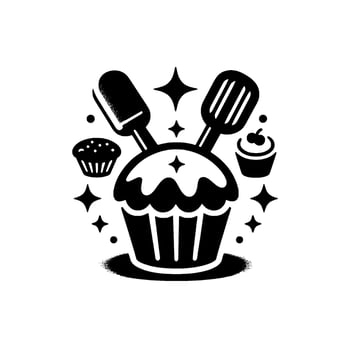 Whimsical bakery cupcake, spatula, sparkle vector