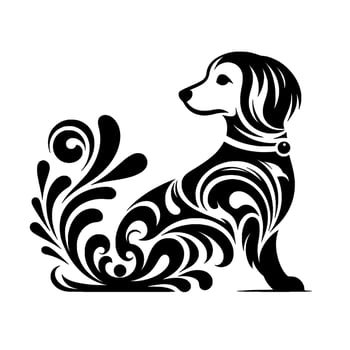 Ornamental dog silhouette with floral swirls, black white art vector