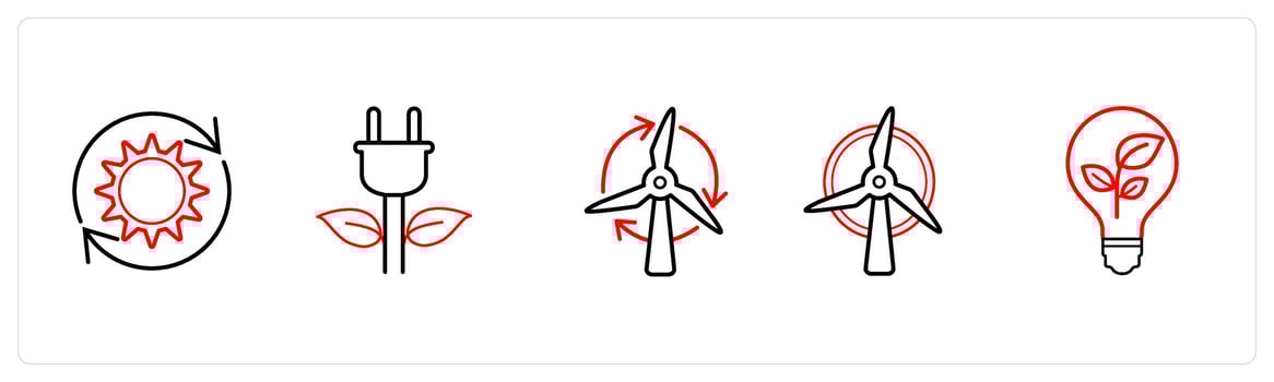 A set of 5 weather icons such as renewable solar, eco power in red line color vector