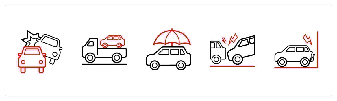 A set of 5 insurance icons such as car accidental, towing expenses in red line color vector
