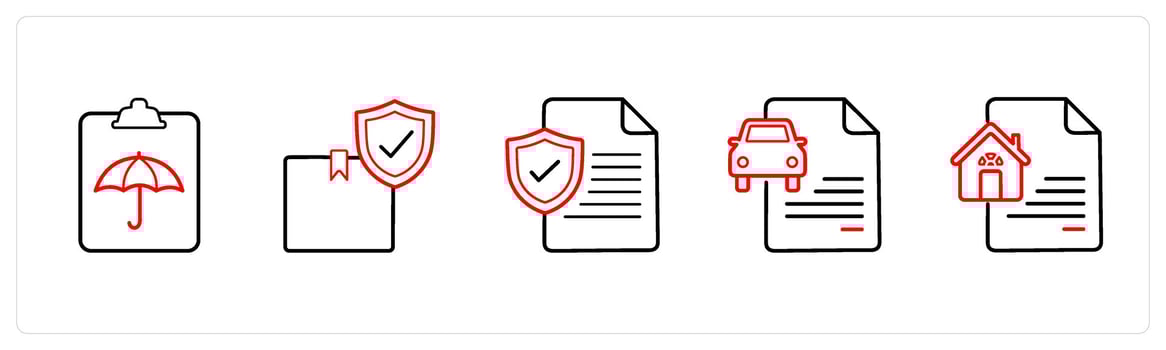 A set of 5 insurance icons such as insurance policy document, package insurance in red line color vector
