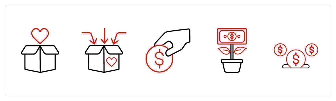A set of 5 crowdfundind and donation icons such as charity box, donation in red line color vector