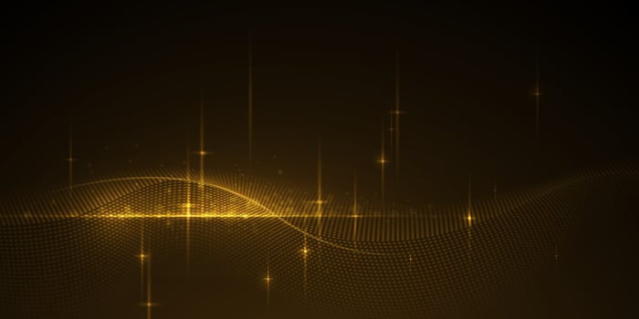 abstract wave, flow line, motion pattern and particle dot on gold color background. Modern futuristic, big data design for background. Digital datum, high tech, technology concept vector
