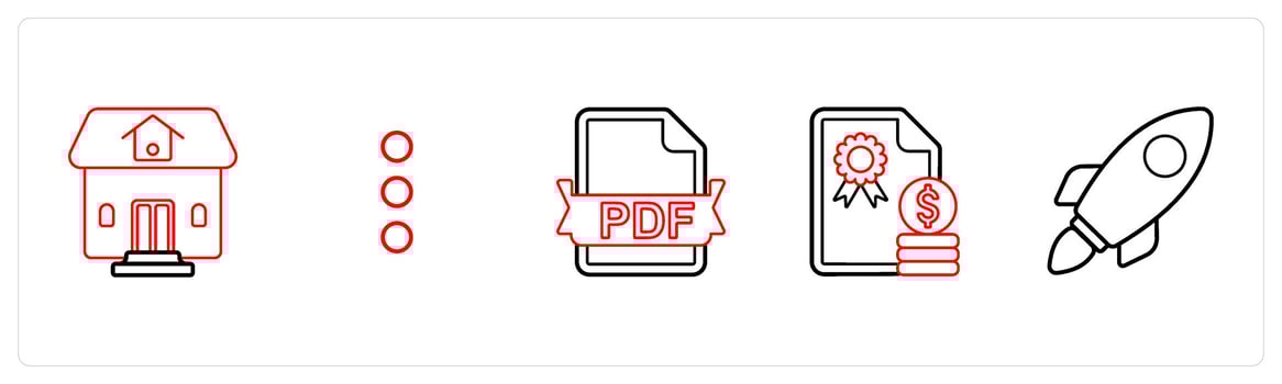 A set of 5 mix icons as residential property, vertical dots, pdf file in red line color vector