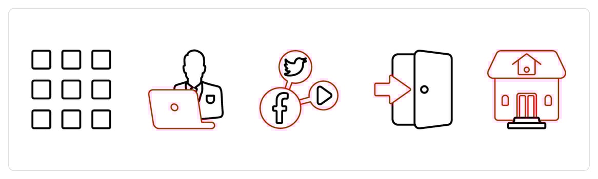 A set of 5 mix icons as square grid, busy man, social media in red line color vector