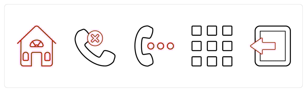 A set of 5 mix icons as house, wrong call, speaker in red line color vector