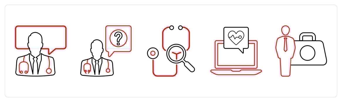 A set of 5 medical icons as medical help, ask a doctor, doctor search in red line color vector