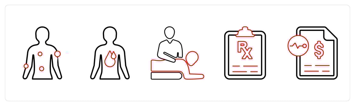 A set of 5 medical icons as symptom checker, internal bleeding, physical medicine in red line color vector