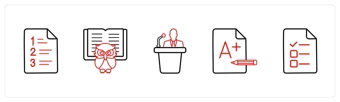 A set of 5 School icons as examination sheet, smart class in red line color vector
