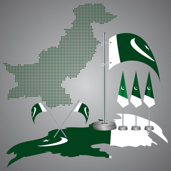 Realistic geopolitical Pakistani dotted map. Pakistan full map with realistic flagpole. Business solid map of Pakistan in national border. Territorial country of Pakistani dotted map with flagpole vector