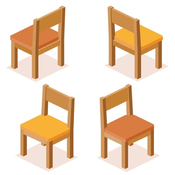 Set of four isometric wooden chair with a soft orange-brown cushion seat, shown from different angles. Interior design concept, game assets, architectural visualizations, and educational materials vector