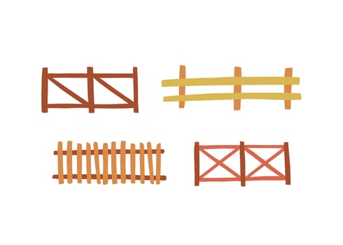 A collection of wooden fence designs in flat style. Includes various types of rustic fences suitable for gardening, farm, and countryside design elements. vector
