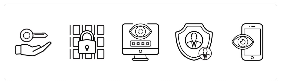 A set of 5 security icons such as access key, data security in black line color vector