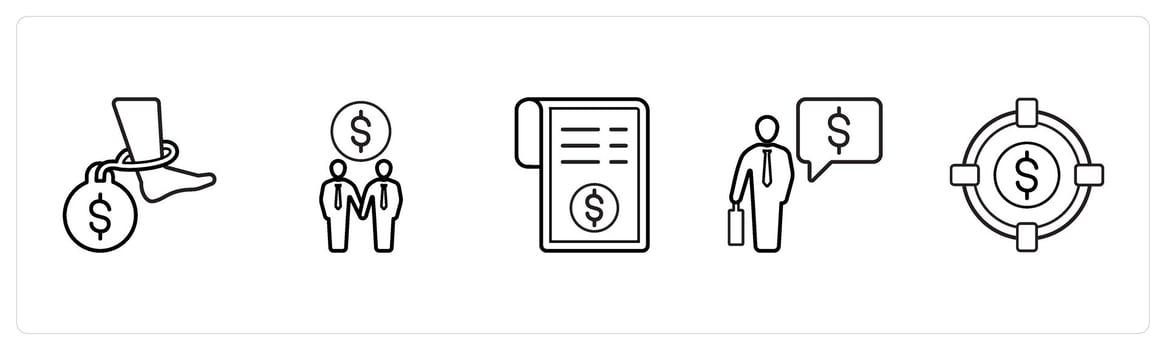 A set of 5 ecommerce and shopping icons such as debt, partnership, invoice in black line color vector
