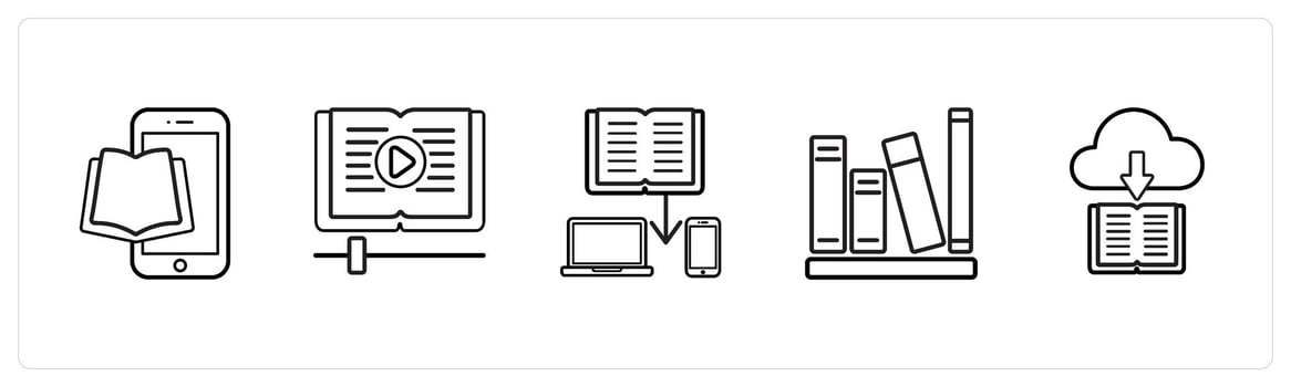 A set of 5 online education icons such as ebook, data share in black line color vector