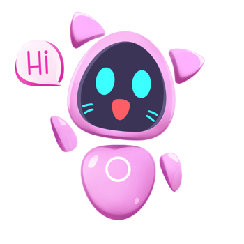 A cute pink futuristic robot cat raises its hand and says hi. The unique future technology design is that the inter-body parts are not fused but still connected. png