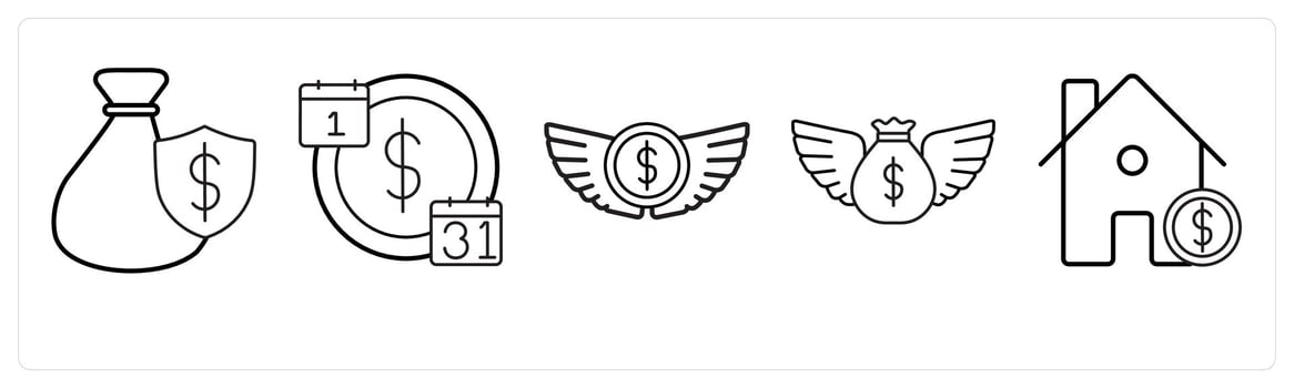 A set of 5 insurance icons as investment insurance, loan time, insurance in black line color vector