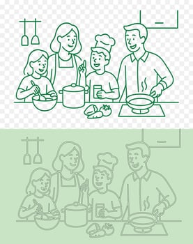 Line Art of a Family Cooking Together Mother, Father, and Kids Doing Home Activities in the Kitchen vector