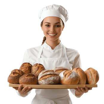 Female Baker Holding Tray of Bread isolated on transparent background png