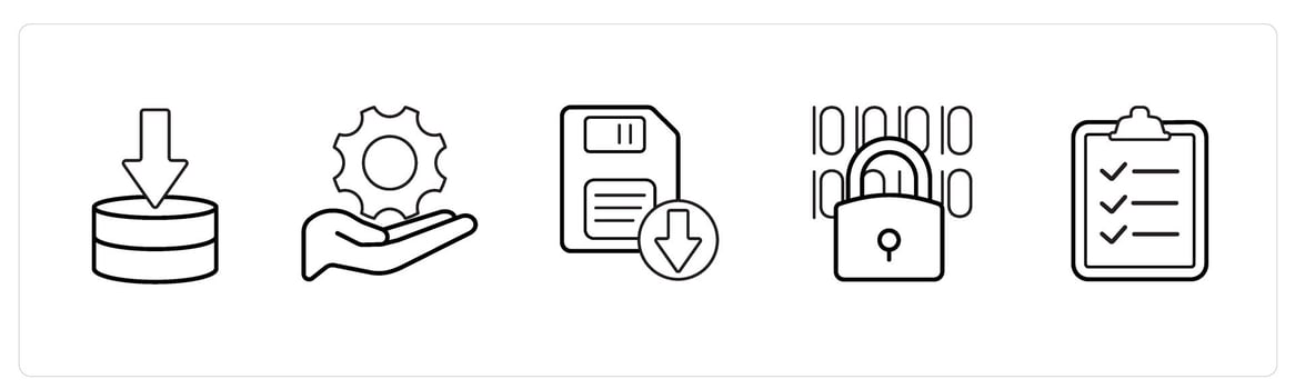 A set of 5 mix icons as server download, settings, download floppy in black line color vector