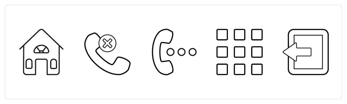 A set of 5 mix icons as house, wrong call, speaker in black line color vector