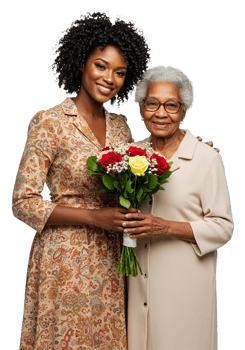 daugher and mother holding Floral Bouquet with daughter hand at mom shouder png