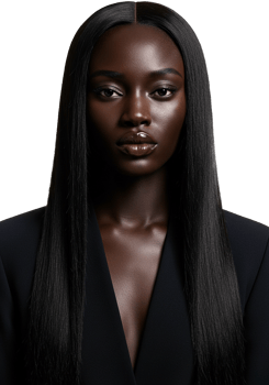A hyper realistic editorial portrait of a stunning dark skinned Black woman with ultra long hair parted cleanly down the middle. png