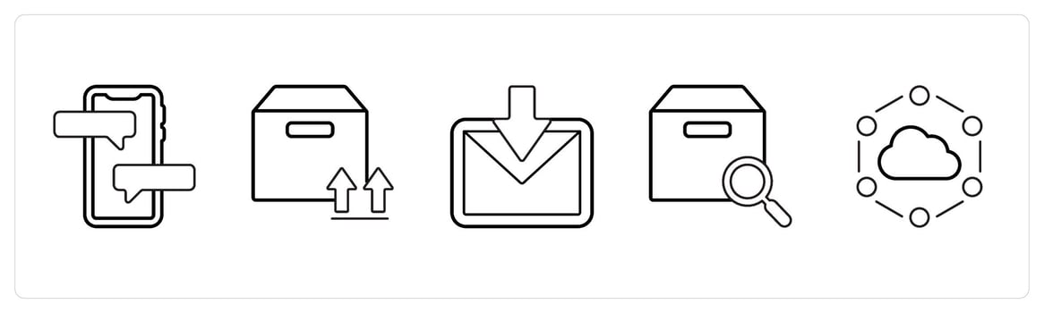 A set of 5 mix icons as chat, upload folder, received mail in black line color vector