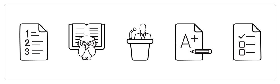 A set of 5 School icons as examination sheet, smart class in black line color vector