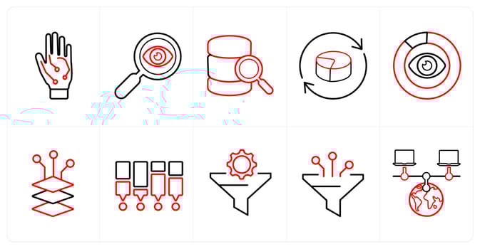 A set of 10 Big Data icons as hand, data search, audit in red line color vector