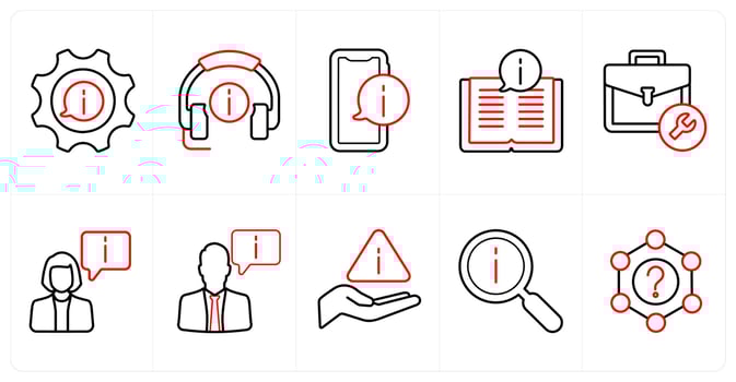 A set of 10 Customer Support icons as information, call support, information support in red line color vector