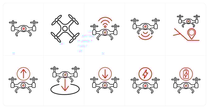 A set of 10 Drone icons as drone, drone wifi, drone signal in red line color vector