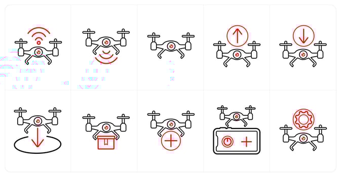 A set of 10 Drone icons as drone wifi, drone signal, drone in red line color vector