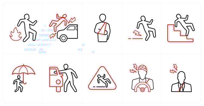 A set of 10 Insurance icons as fire insurance, accident injury, insurance cover in red line color vector