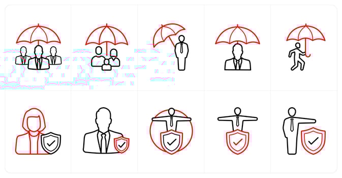 A set of 10 Insurance icons as employee insurance, family insurance, individual insurance in red line color vector