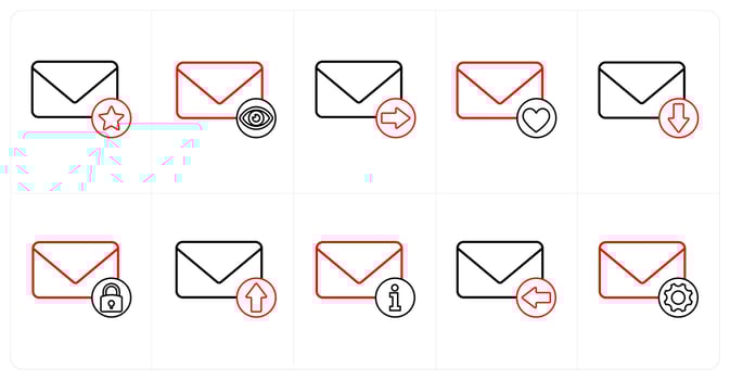 A set of 10 mail icons as star mail, view mail, send mail in red line color vector