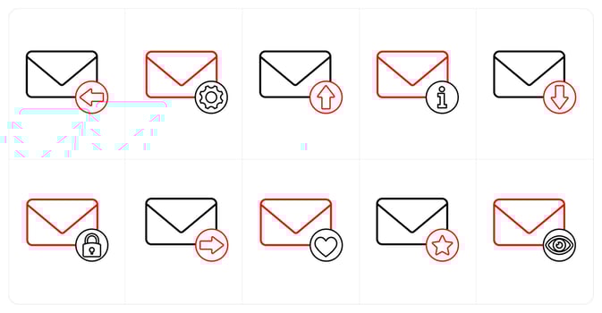A set of 10 mail icons as received mail, mail setting, send mail in red line color vector