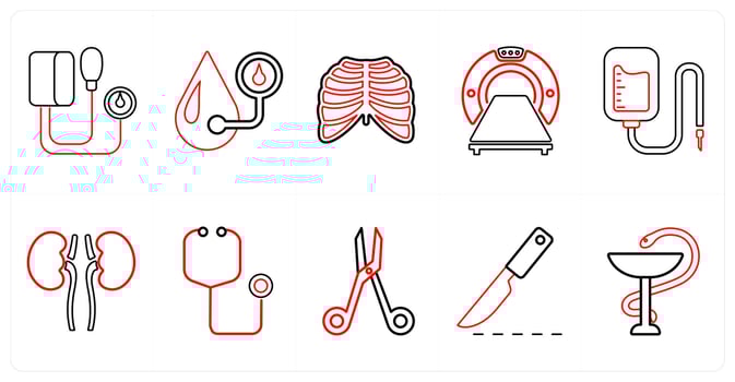 A set of 10 medical icons as blood pressure kit, blood pressure, radiology in red line color vector
