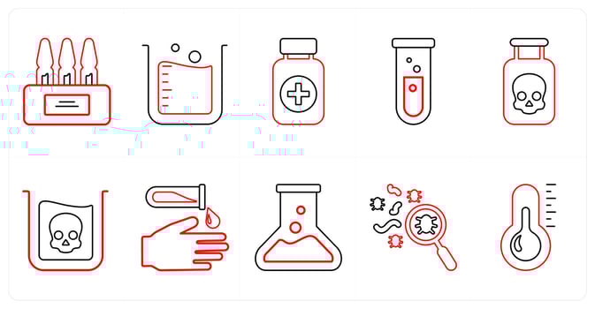 A set of 10 medical icons as ampoule, lab beaker, medication in red line color vector