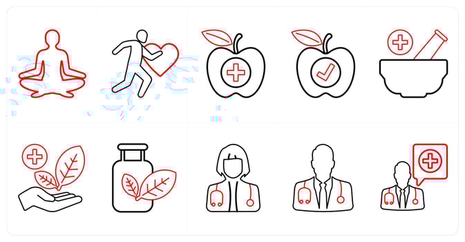 A set of 10 medical icons as yoga, exercise, dietry food in red line color vector